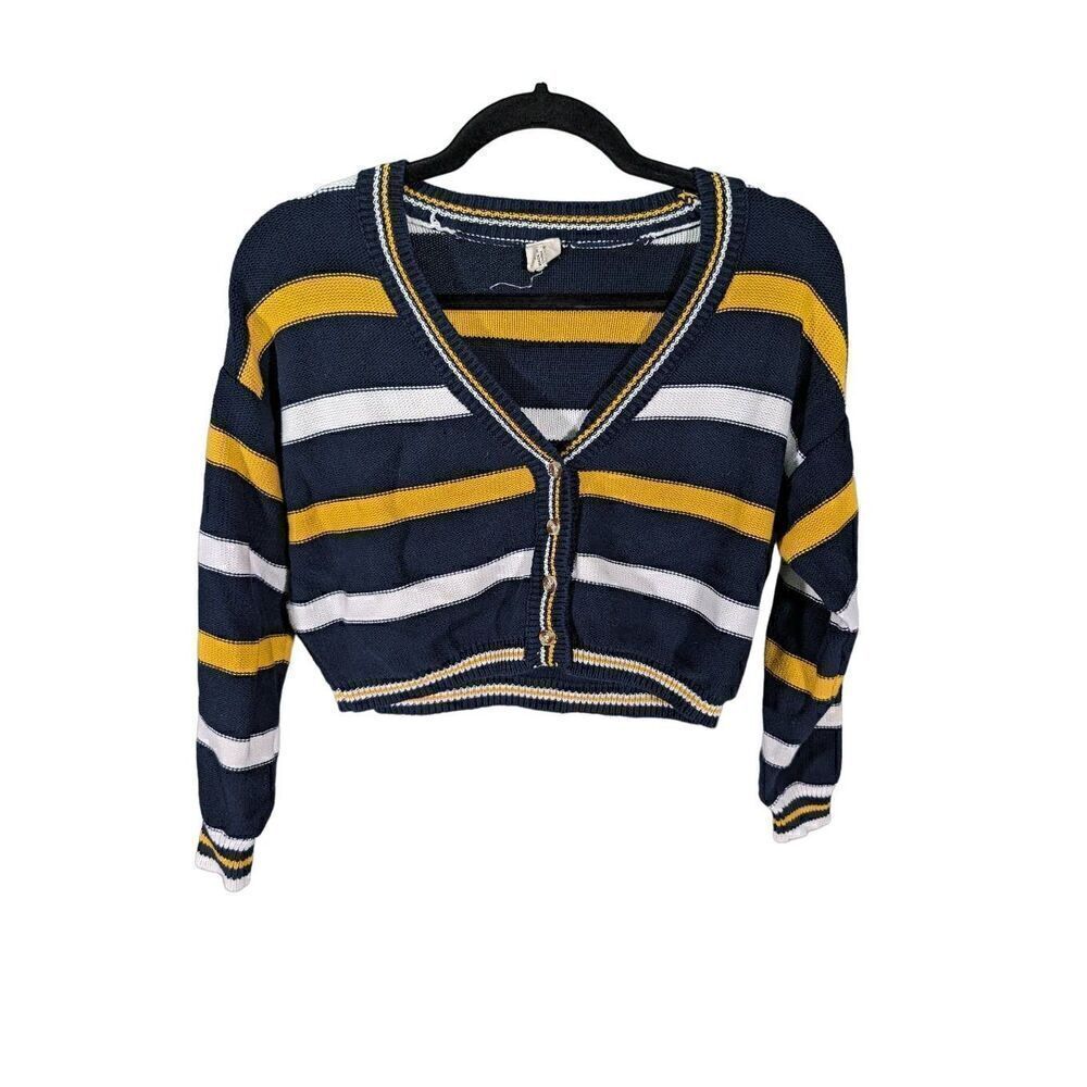 Ijoah Striped Knitted Cardigan, Cropped Long Sleeve V Neck Top Size Small